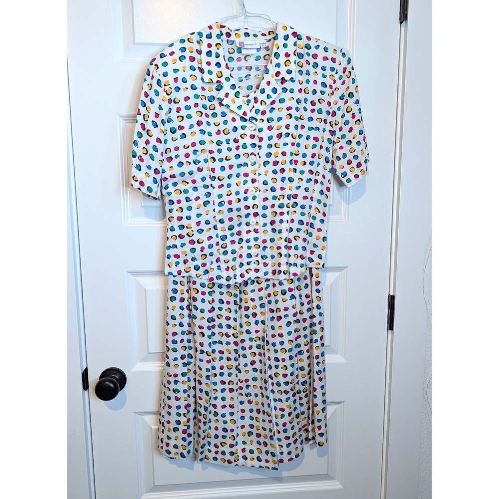 Vintage Prophecy Skirt Set Womens 8 Polka Dot Rayon Co-ord 80s 90s USA